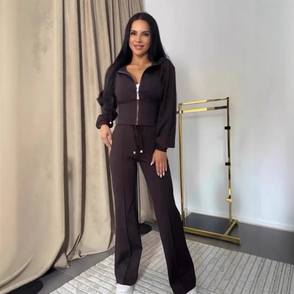 Conjunto de sweatshirt para mulher 2025, slim, cor sólida, fecho, manga comprida, calças largas, conjunto de 2 peças para mulher