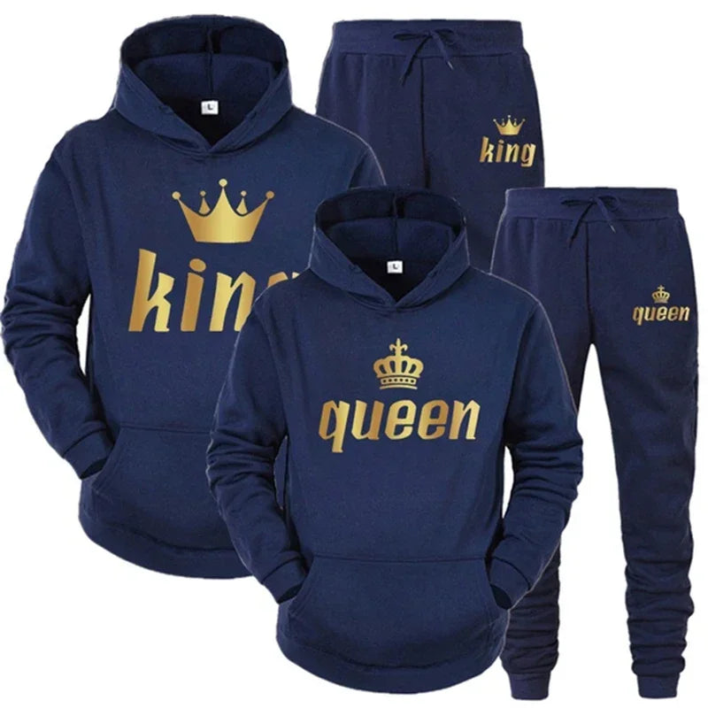 Men Women Tracksuit King And Queen Letter Print Hoodie and Jogger Pants Jogging Suit Sportswear Casual Fashion Couple Outfits