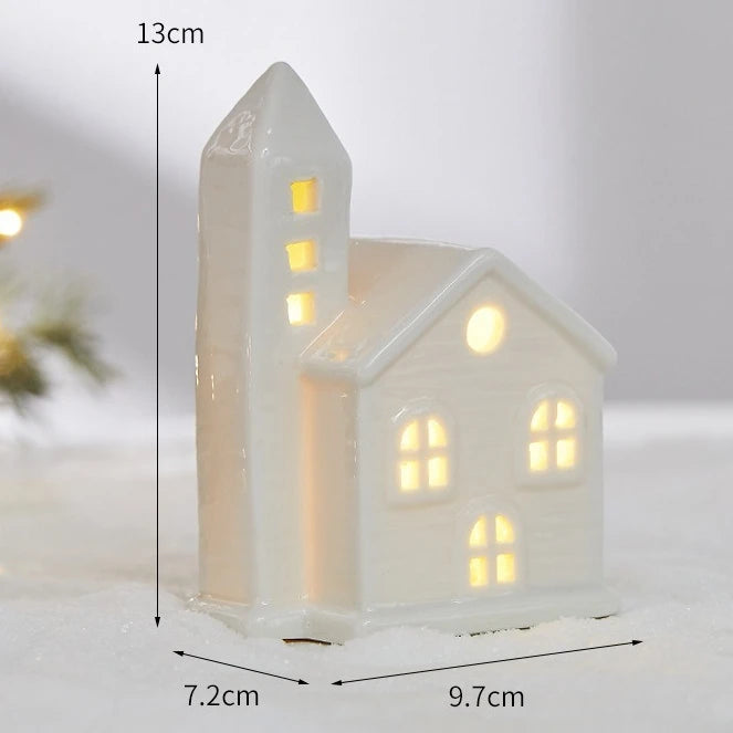 Glowing Ceramic Christmas Light Decorations LED Christmas Tree Luminous Hut Desktop Home Ornaments Scene Props Xmas Gifts