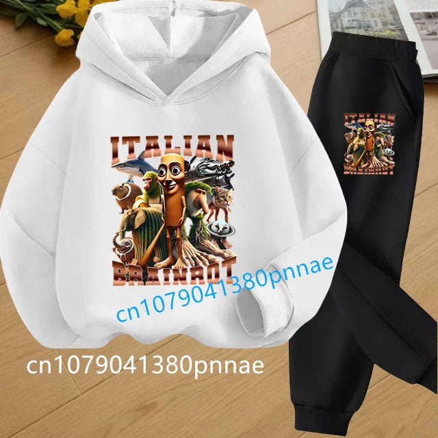 Tralalero Tralala Tung Tung Tung Funny Italian Brainrot Kids Clothes Boys Hoodie+Pants 2pcs Set Girls Tracksuit Children Outfits