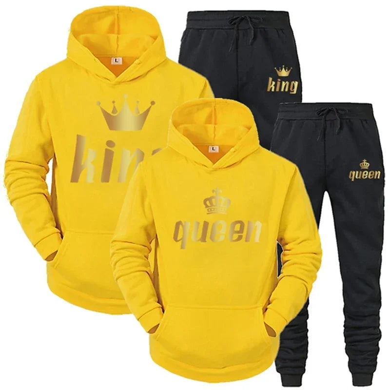 Men Women Tracksuit King And Queen Letter Print Hoodie and Jogger Pants Jogging Suit Sportswear Casual Fashion Couple Outfits