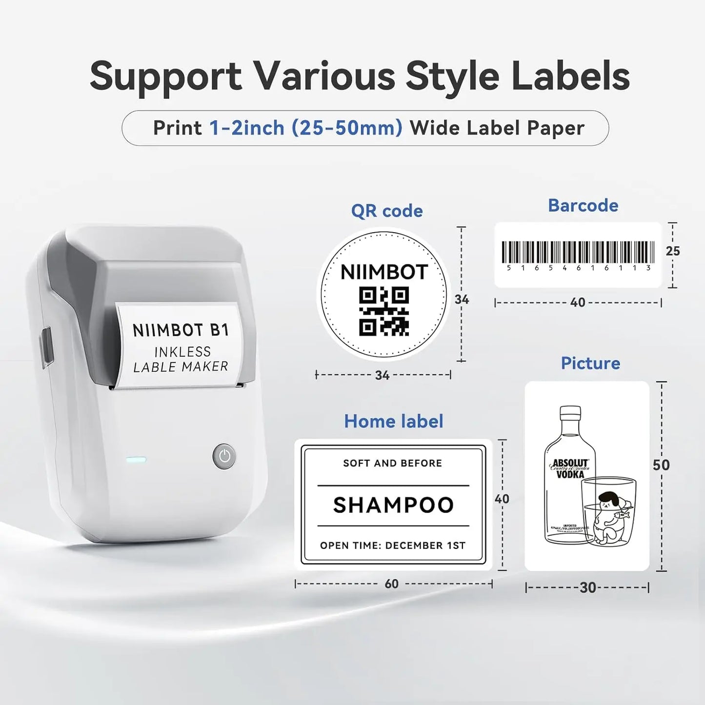 NIIMBOT B1 Portable Thermal Printer With Tapes 2 Inch Adhesive Label Machine Mini Bluetooth Sticker Maker Waterproof Labels Roll
