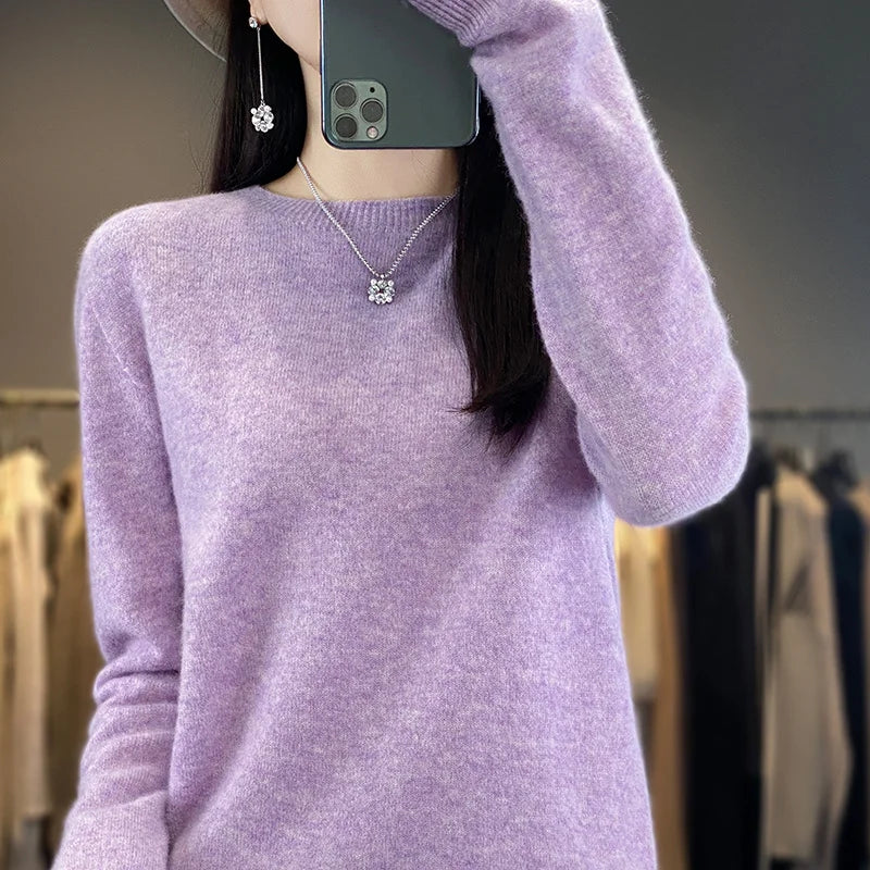 100% Pure Wool Cashmere Sweater Women's O-Neck Pullover Knitted Casual Sweater Winter New Long-Sleeved Warm High-Grade Jumper