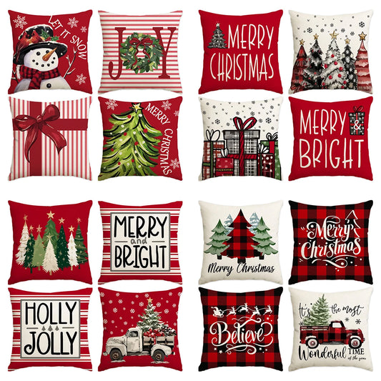 1pc/4pcs Christmas Pillow Cover, Black and Red Buffalo Plaid Celebration Christmas Tree Snowflake Decoration Sofa Cushion Cover