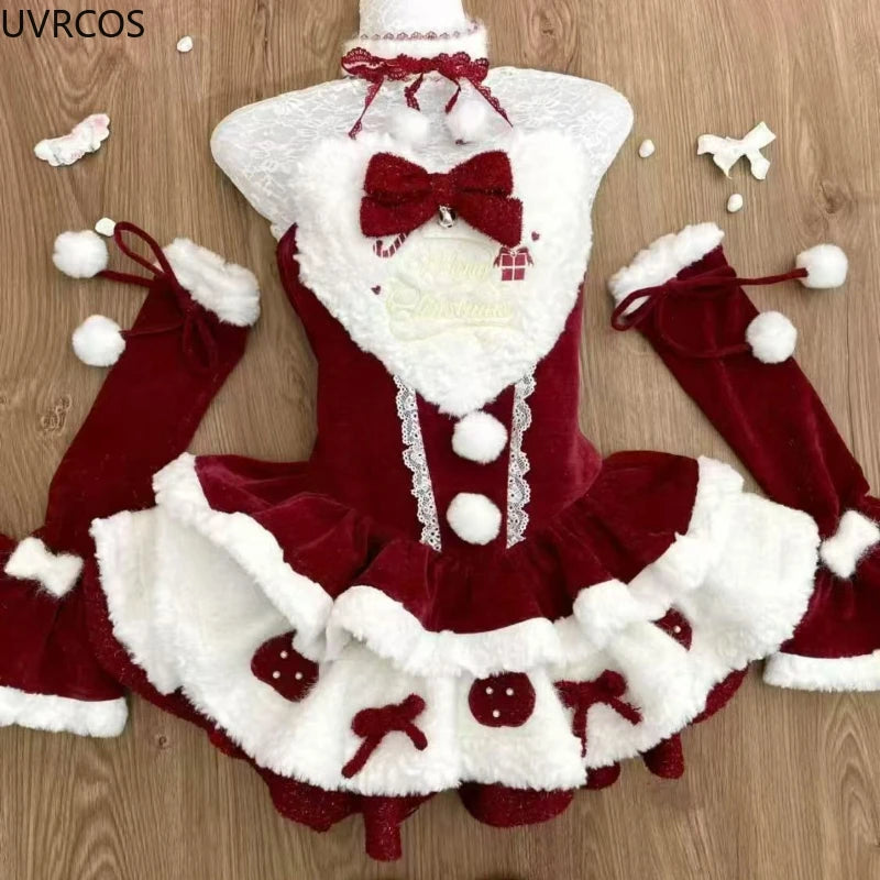 Winter Christmas Lolita 3 Piece Sets Women Kawaii Plush Bunny Ear Hooded Cloak Coat Bow Mini Dresses Korean Style Y2k Sweet Suit