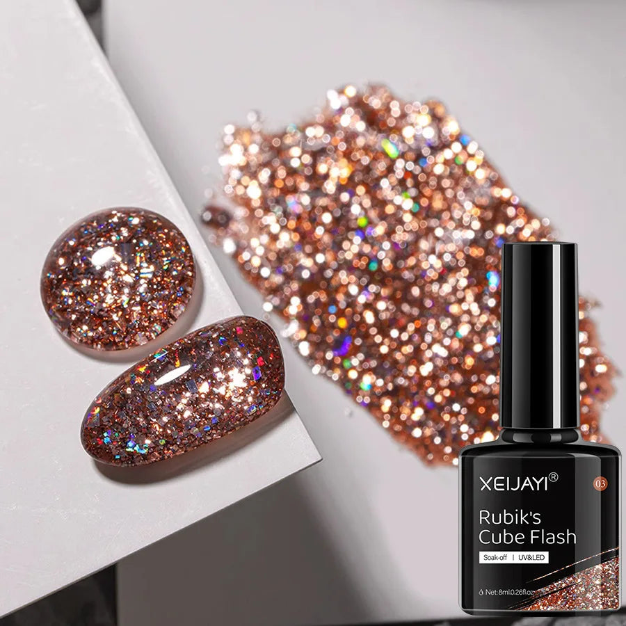 Esmalte em gel com glitter de 6 cores e 8 ml, prata, ouro rosa, lantejoulas coloridas, verniz em gel semipermanente, arte em unhas em gel UV, laca a laser