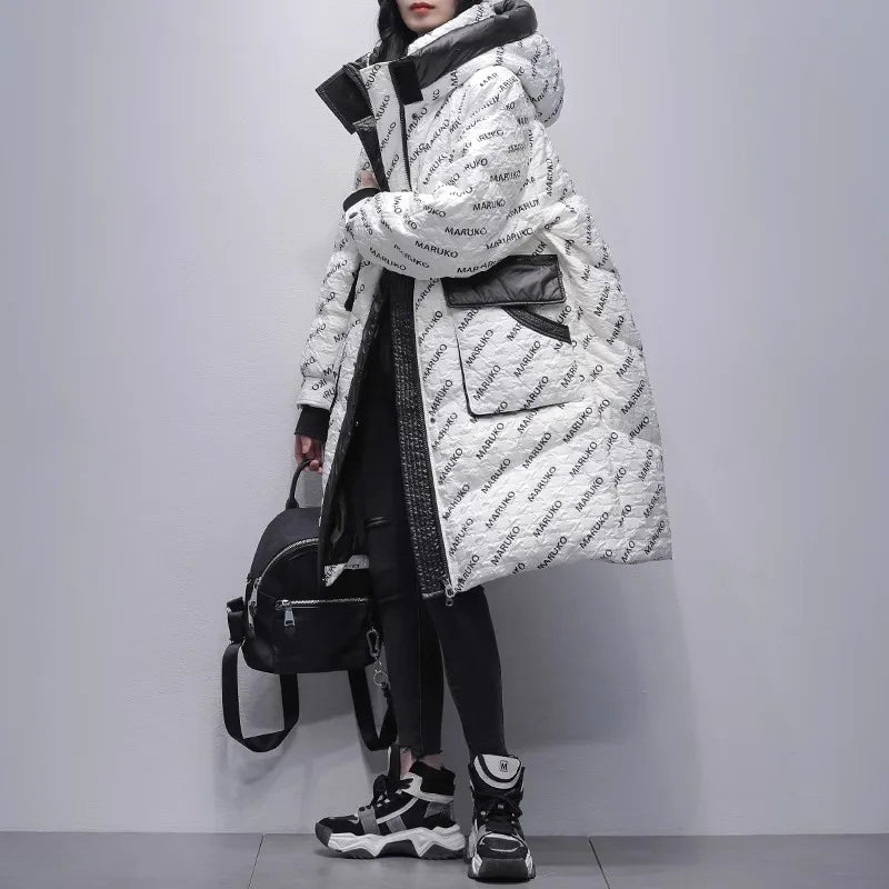 Black Letter Print Down Jacket Women's Mid length Winter 2025 New White Duck down Hooded Thick Coat Female Warm Parka Overcoat