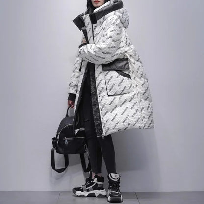 Black Letter Print Down Jacket Women's Mid length Winter 2025 New White Duck down Hooded Thick Coat Female Warm Parka Overcoat