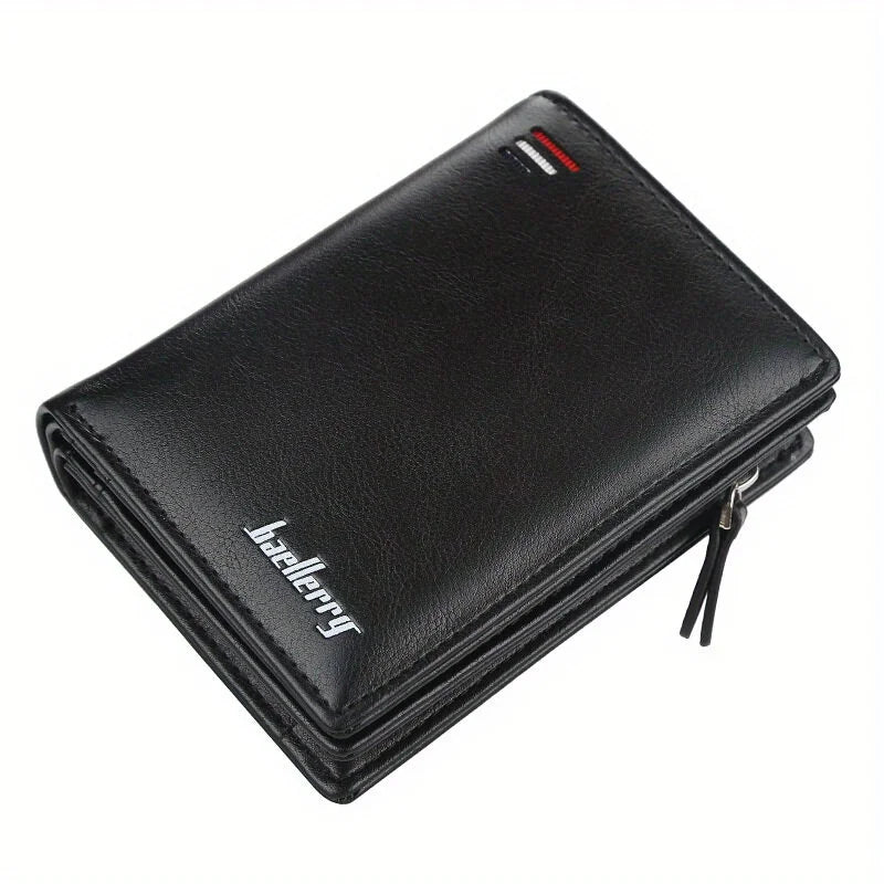 Men's PU Leather Short Wallet Zipper Coin Pocket Big Capacity Card Holder