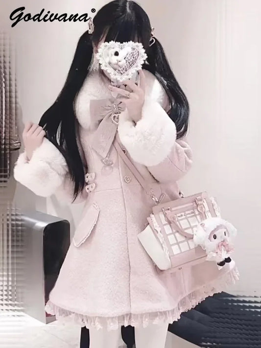 Winter New Japanese Sweet Bow Slim Medium Long Woolen Coat Faux Fur Collar Lolita Girl Women's Pink White Wool Jacket Overcoat
