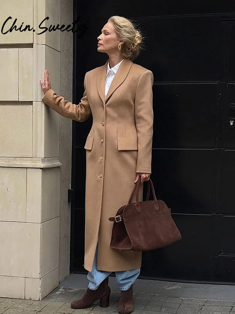 Slim Woolen Long Women Coat Elegant Full Sleeve Lapel Single Breasted Pocket Female Outwear 2025 Autumn Winter Chic Lady Jakcet