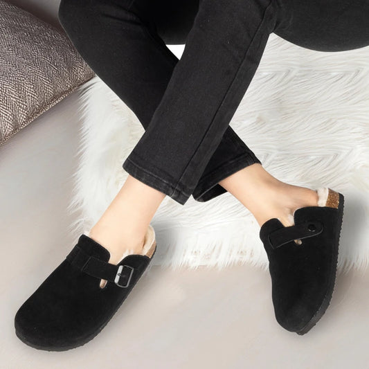 Shevalues Winter Women's Mules With Adjustable Buckle Leisure Cork Insole Comfortable Clogs Slippers Cow Suede Non-slip Sandals