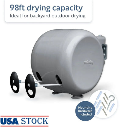 98ft Retractable Clothesline Weather-Resistant Heavy Duty PVC Coated Line Wall Mounted Storage Reel with Fixings Laundry