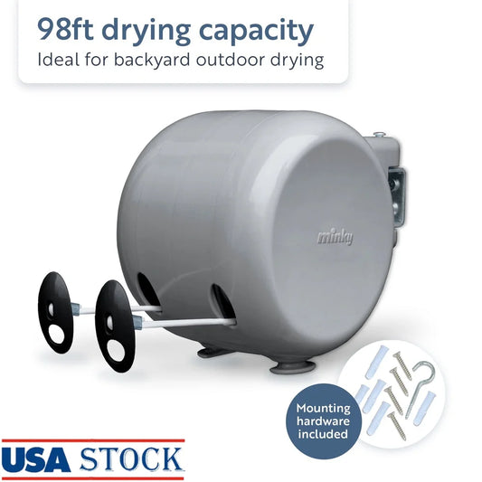 98ft Retractable Clothesline Weather-Resistant Heavy Duty PVC Coated Line Wall Mounted Storage Reel with Fixings Laundry