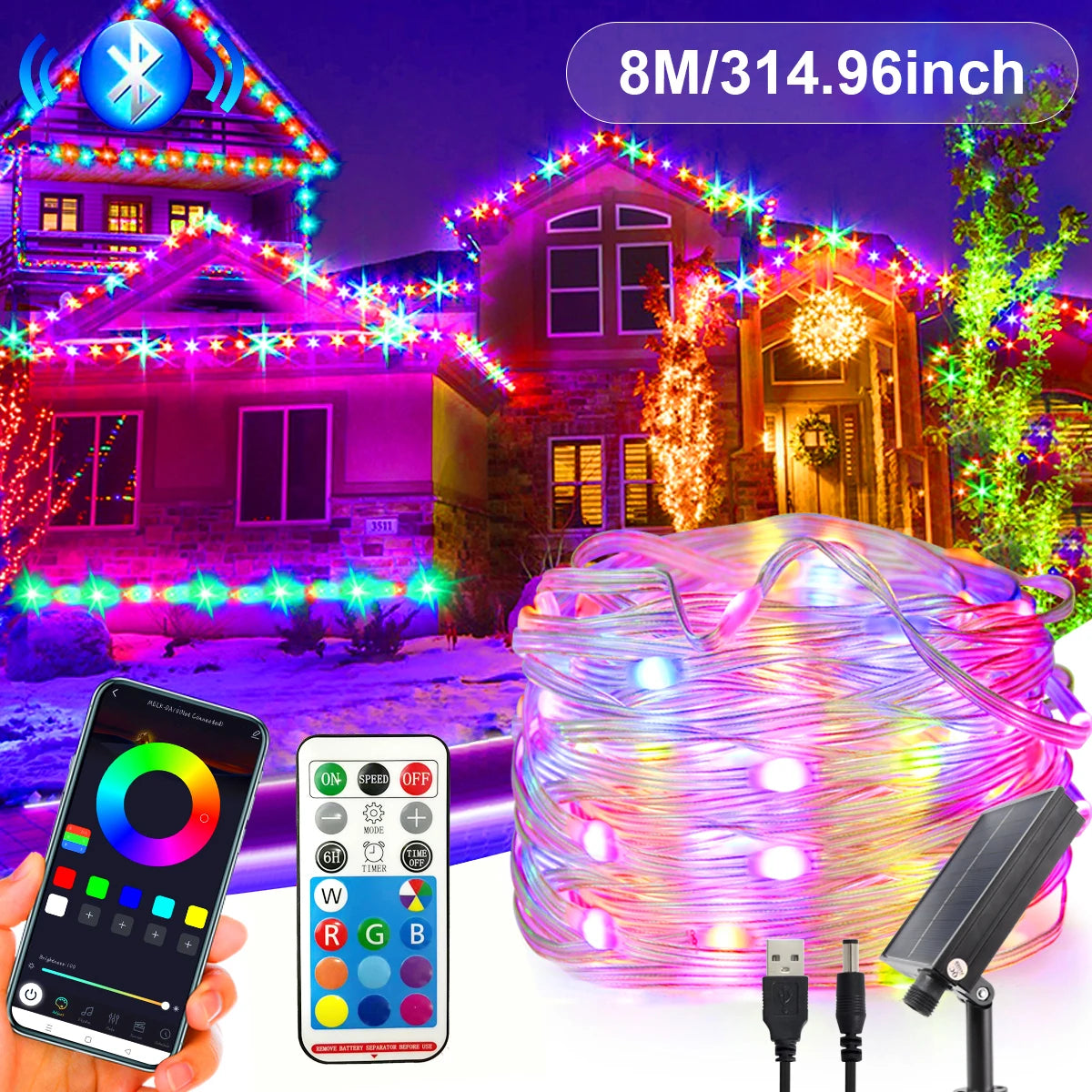 20M RGBIC Fairy String Light Solar Bluetooth Waterproof Garland Christmas String Lamp Smart Dreamcolor for Christmas Party Home