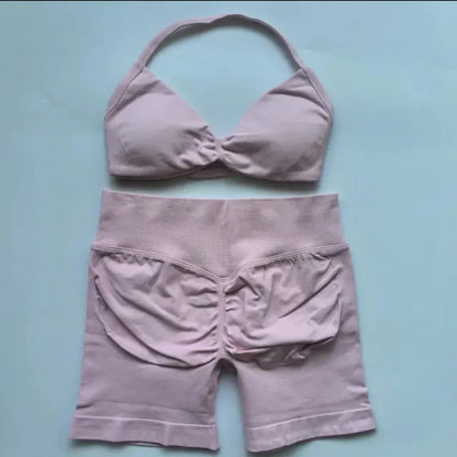 DFYIVE Yoga Gym Set 2 Piece Women Strappy Yoga Bra Top Workout Scrunch Shorts Sports Suit Fitness Clothes Seamless Yoga Set