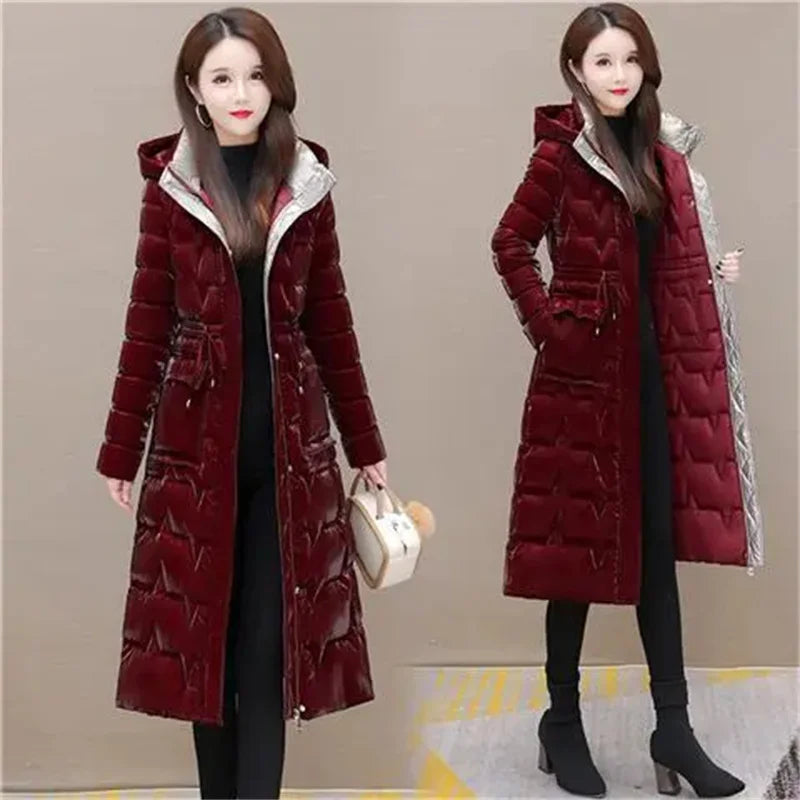 Thick Women's Windproof Long Mother's Down Cotton Coat Women's 2023 Winter Fashion Warm Slim Waist Wrapped Parka Hooded Lace-Up