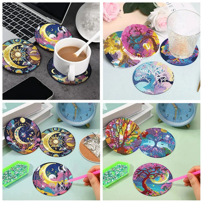 8pcs/Set DIY Diamond Painting Coasters with Holder Anti Slip Wood Drip Mats Crystal Rhinestones Diamond Art Coasters for Adults