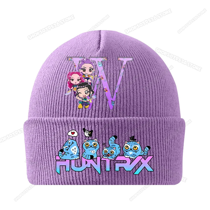 Kpop Demon Hunters Letter A-Z Knitted Hat Cartoon Music Girl Beanies Cap Kids Winter Warm Bonnet Cartoon Toddler Skullies Beanie