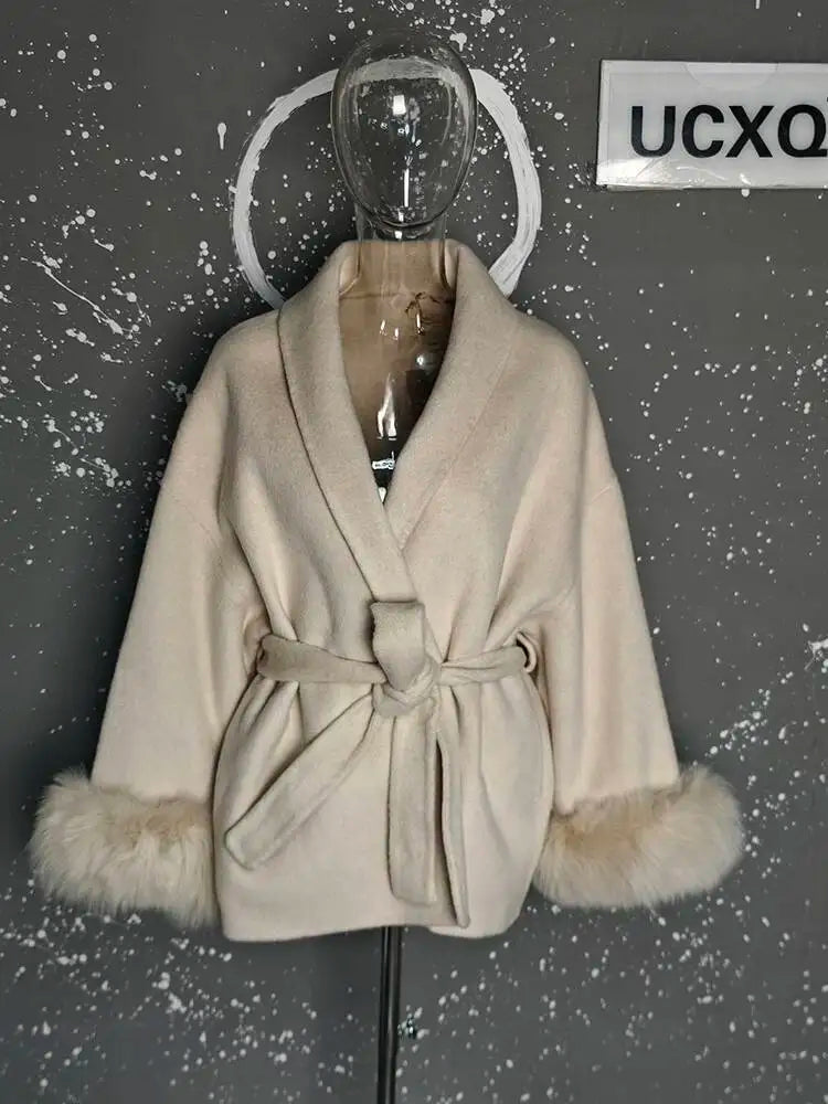 UCXQ Elegant OL Office Lady Overcoats Fur Patchwork Long Sleeve Woolen Coat Beautiful Women's Clothing Jacket Autumn 2025 Winter