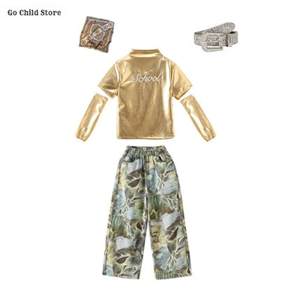 Girls Hip Hop Shiny Golden Crop Top Patchwork Jeans Pants Kids Streetwear Child Jazz Girl Group Costumes K-pop Retro Clothes Set