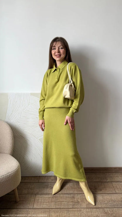 Hirsionsan Winter Thick Women Knitted Suits Soft 2 Pieces soft Female Sets Polo Neck Sweater & Wide Leg Pants Knitted Outfit