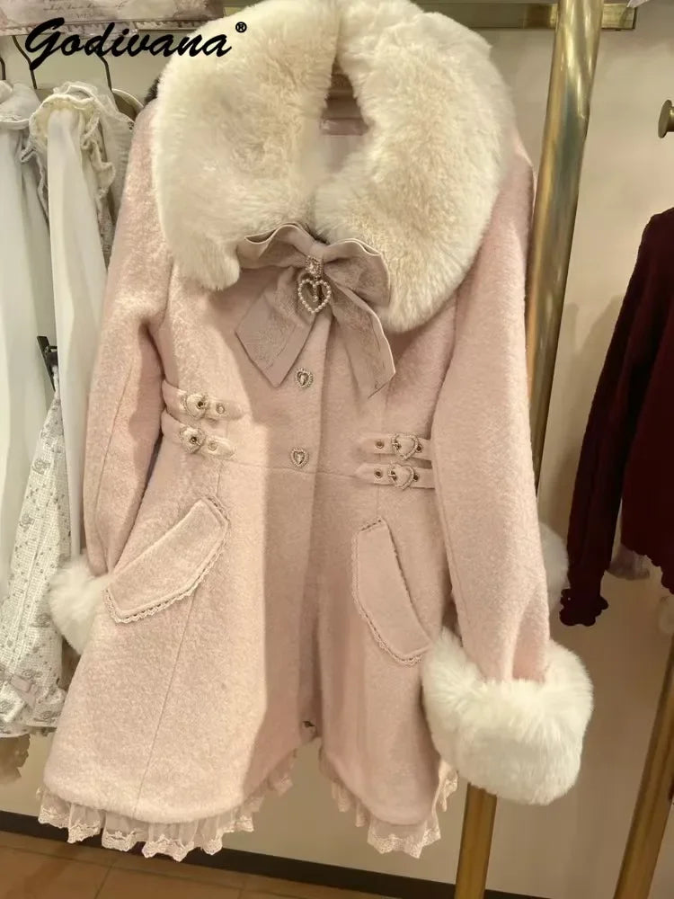 Winter New Japanese Sweet Bow Slim Medium Long Woolen Coat Faux Fur Collar Lolita Girl Women's Pink White Wool Jacket Overcoat