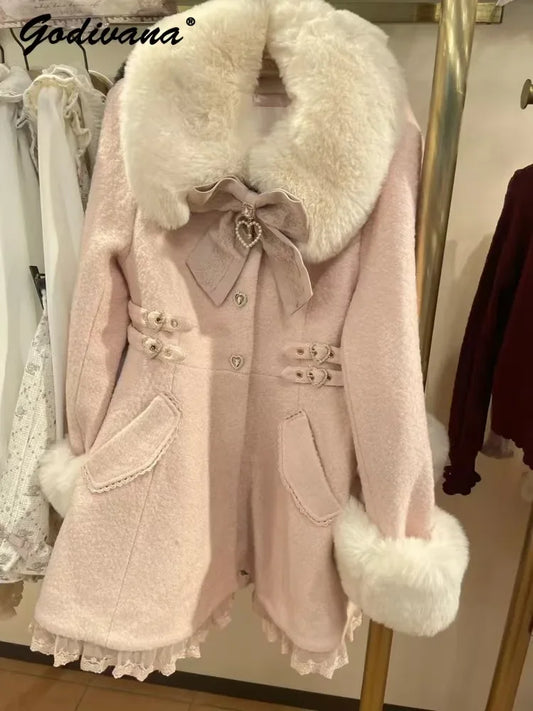 Winter New Japanese Sweet Bow Slim Medium Long Woolen Coat Faux Fur Collar Lolita Girl Women's Pink White Wool Jacket Overcoat