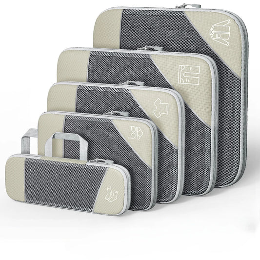 5PCS Travel Compressed Packing Cubes Storage Organizer Set With Shoe Bag Mesh Visual Luggage Portable Lightweight Suitcase Bag