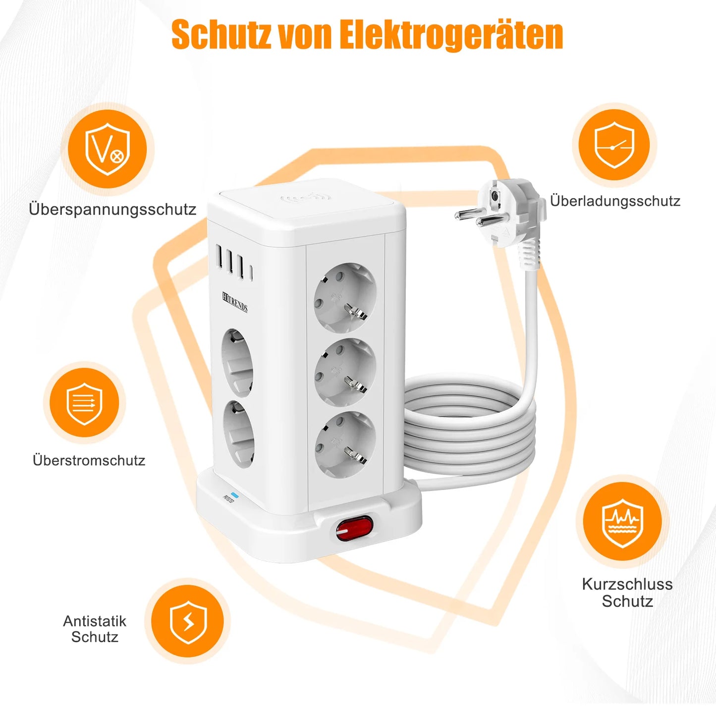 Placa de alimentação inteligente 15 em 1 com ficha padrão UE de 3680 W, tomada 7/11 CA, 3 portas de carregamento USB-A e 1 USB-C, cabo de extensão de 2 metros