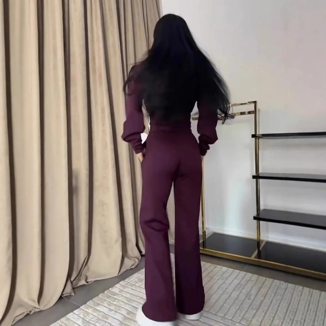 Conjunto de sweatshirt para mulher 2025, slim, cor sólida, fecho, manga comprida, calças largas, conjunto de 2 peças para mulher