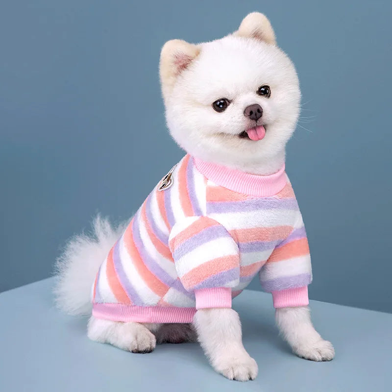 Rainbow Striped Flannel Dog Hoodie – Warm Winter Sweatshirt for Small Breeds (Chihuahua, Shih Tzu)