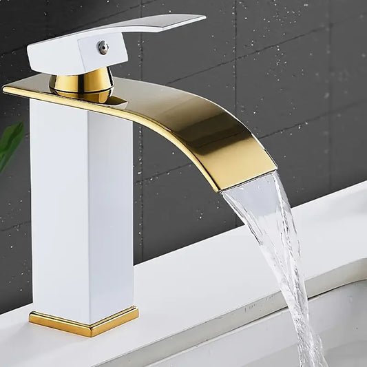 New Luxury Black White Gold Waterfall Faucet Hot and Cold Dual Control Stainless Steel Alloy Finish Suitable for Bathroom Sink