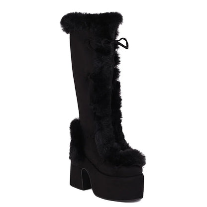 2024 Winter Big Size 43 y2k White Punk Style Women's Faux Fur Chunky Platform Boots Gothic Black Block High Heels Shoes