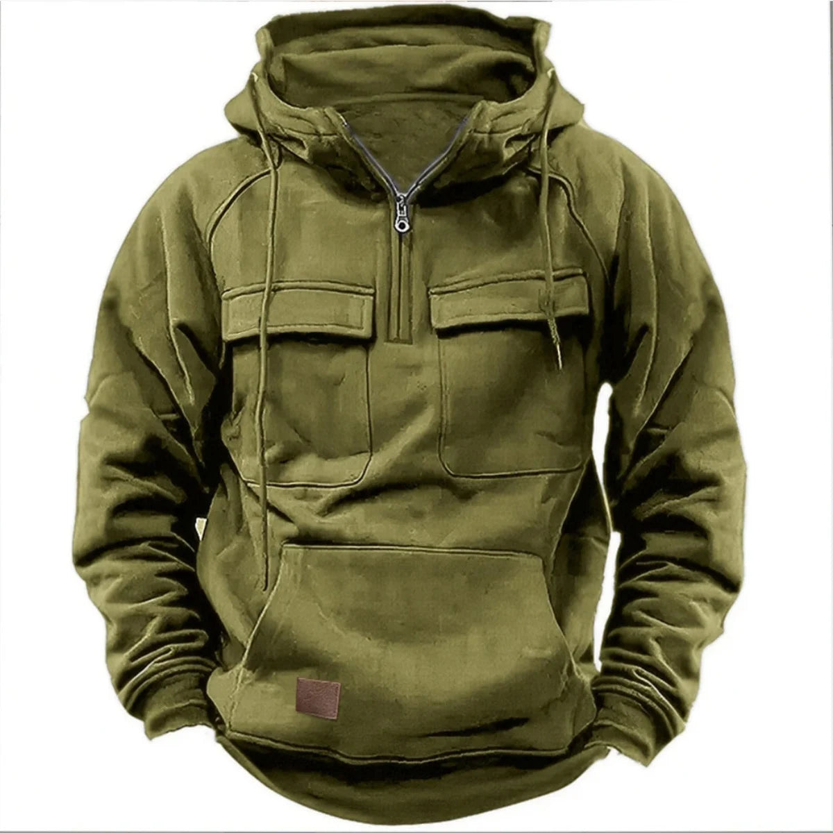 New autumn-winter men's hooded solid-color casual hoodie - fashionable young man's multi-pocket patch hoodie pullover shirt
