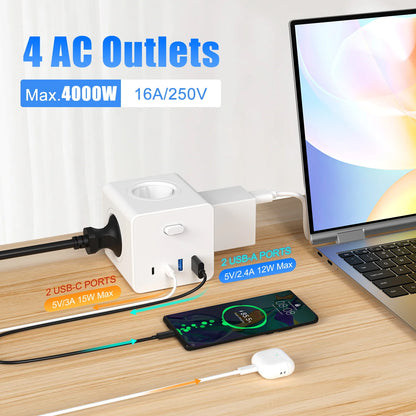 Adaptador multifunções para tomada de parede de 4000 W com 2 USB 2 tipo C, cabo de extensão de 3 m, 4 tomadas CA e várias tomadas