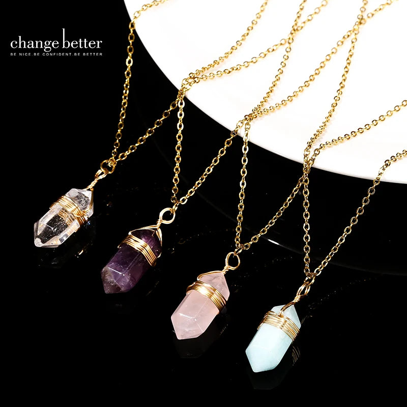Change Better Natural Pink Quartz Amethyst Hexagon Column Pendant Necklace Women Men Handmade Stainless Steel Chain Choker Gift