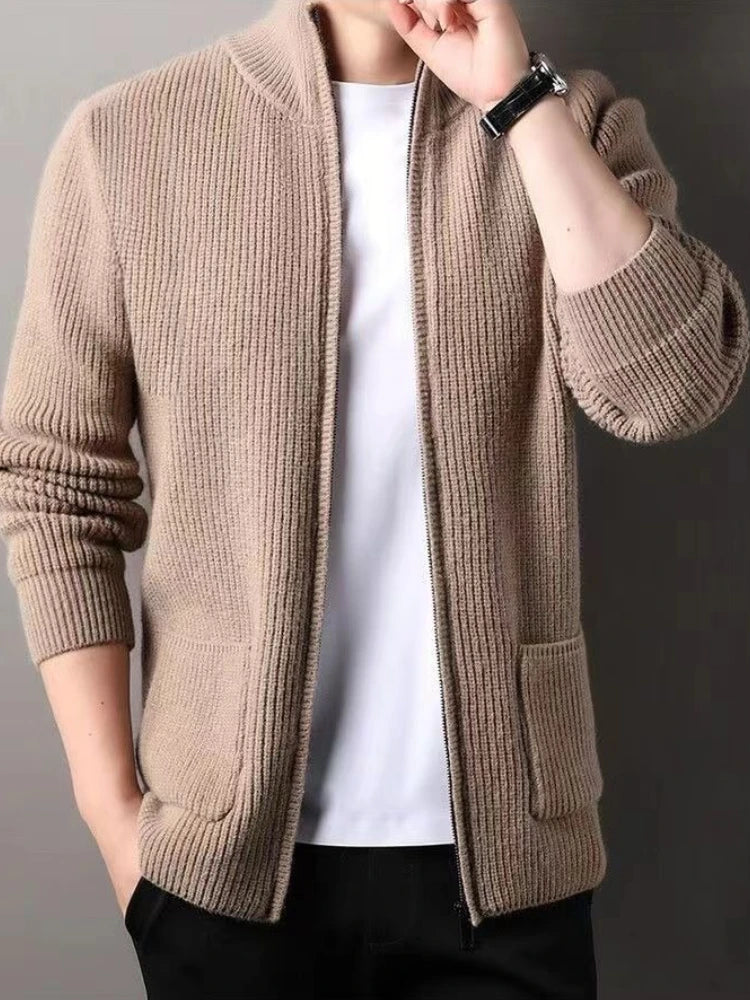 Men's Premium Knit Zip-Up Sweater - Thickened Warm Long Sleeve Pullover with Stand Collar, Autumn Winter Casual Outerwear