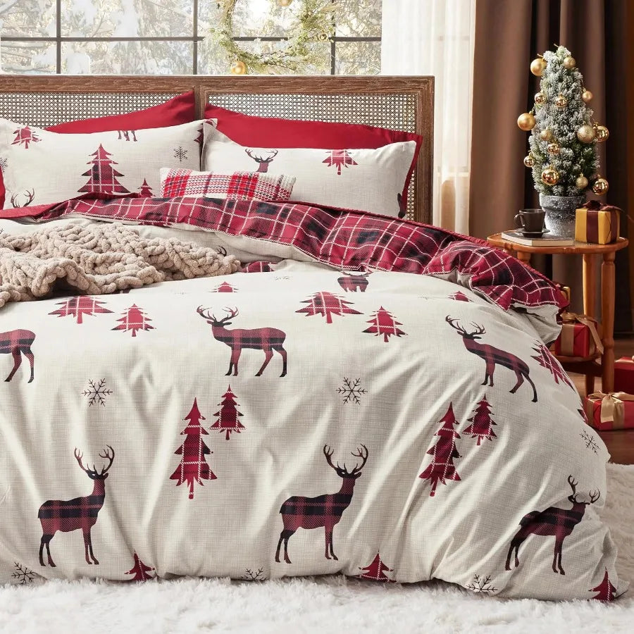 Christmas Duvet Cover Queen Reversible Buffalo Check Printed Plaid Bedding Set for Holiday Home Decor 3Piece Set with 2 Pillow