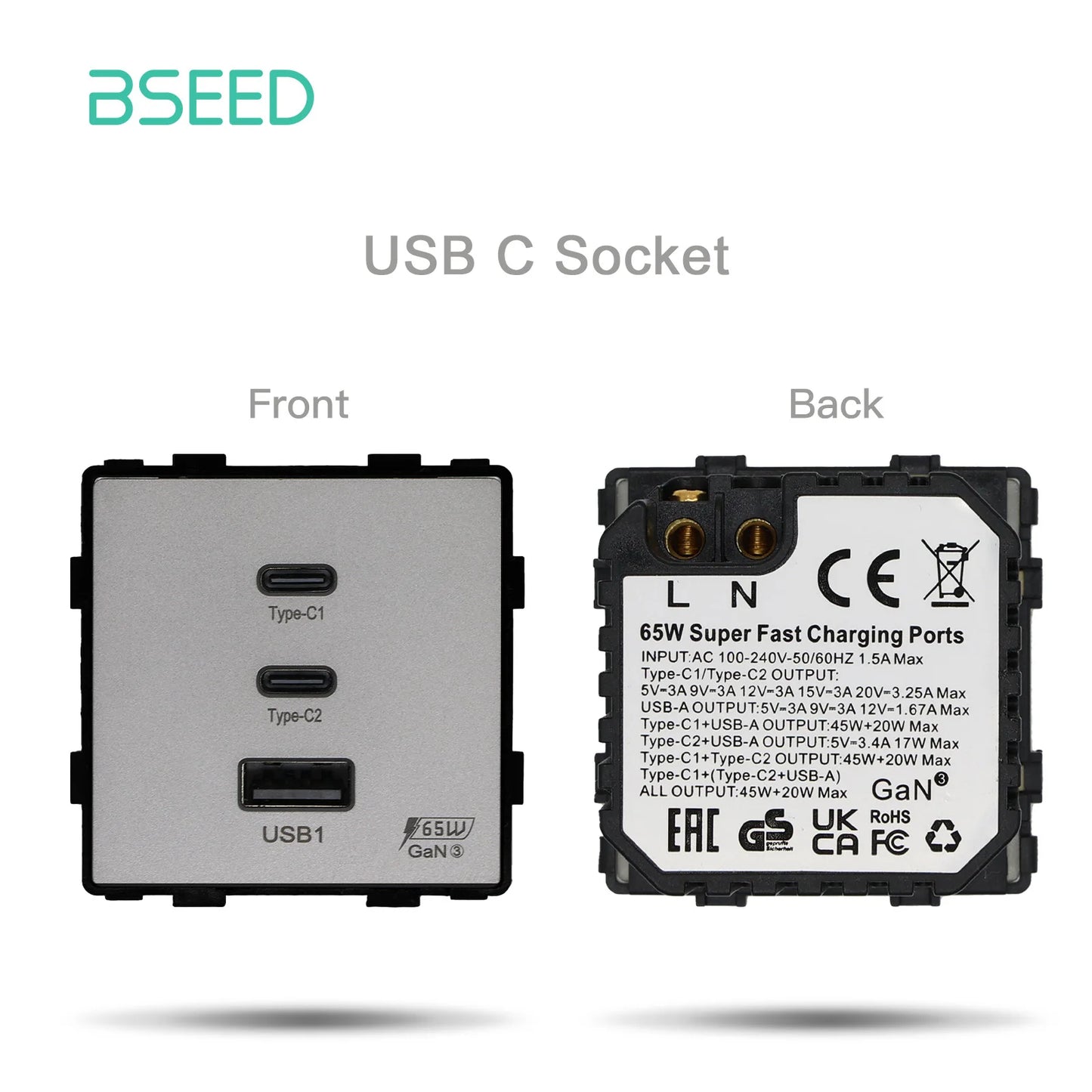 BSEED 65W PD Fast Charge Module Quick Charge Socket Part 1/2 USB Type-C 20W Wall Phone Charger Plug Support BSEED Frames