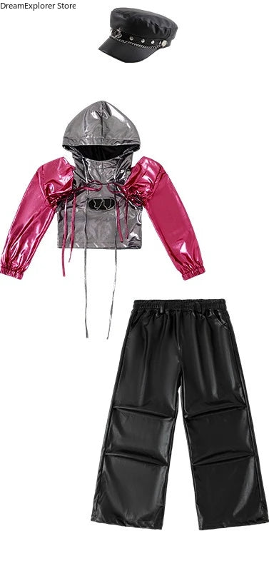 Girls K-pop Fashion Shiny Crop Top Hoodies Street Dance Pants Child Hip Hop Jazz Streetwear Clothes Sets Kids Girl Group Costume