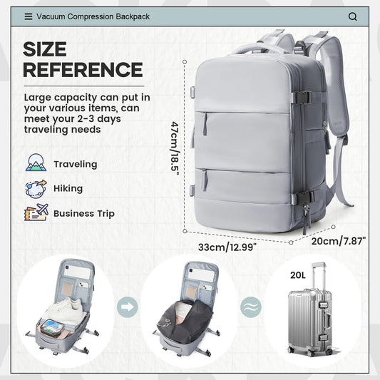 Large Vacuum Travel Backpack with Pump for Women Men, Personal Effects Carry-on Luggage Backpack 47x33x20cm,   Laptop School Bag