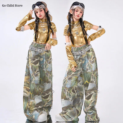 Girls Hip Hop Shiny Golden Crop Top Patchwork Jeans Pants Kids Streetwear Child Jazz Girl Group Costumes K-pop Retro Clothes Set