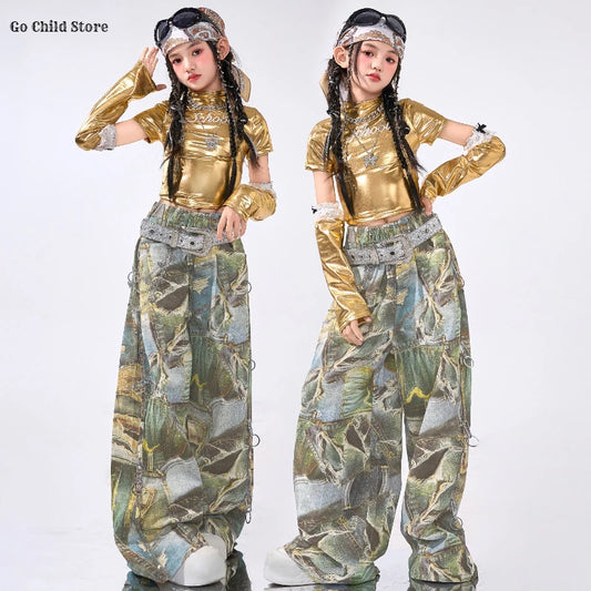 Girls Hip Hop Shiny Golden Crop Top Patchwork Jeans Pants Kids Streetwear Child Jazz Girl Group Costumes K-pop Retro Clothes Set