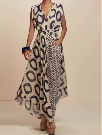 Elegant Temperament Printed Sleeveless V-Neck Lace Up Top+Slim Fit Pants Set for Women's Summer Elegant Slim Fit 2-Piece Set