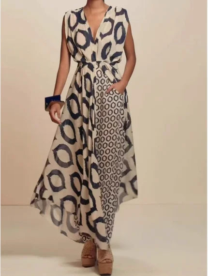 Elegant Temperament Printed Sleeveless V-Neck Lace Up Top+Slim Fit Pants Set for Women's Summer Elegant Slim Fit 2-Piece Set