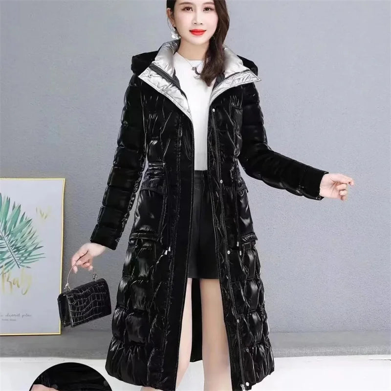 Thick Women's Windproof Long Mother's Down Cotton Coat Women's 2023 Winter Fashion Warm Slim Waist Wrapped Parka Hooded Lace-Up