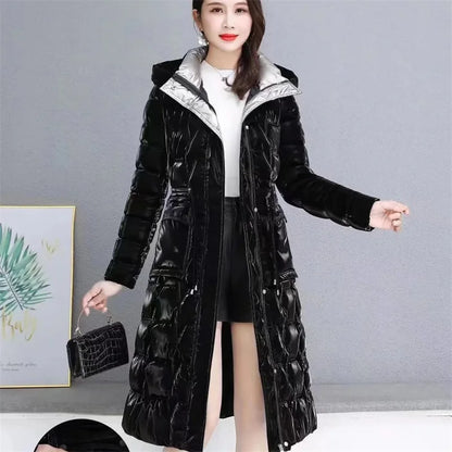Thick Women's Windproof Long Mother's Down Cotton Coat Women's 2023 Winter Fashion Warm Slim Waist Wrapped Parka Hooded Lace-Up