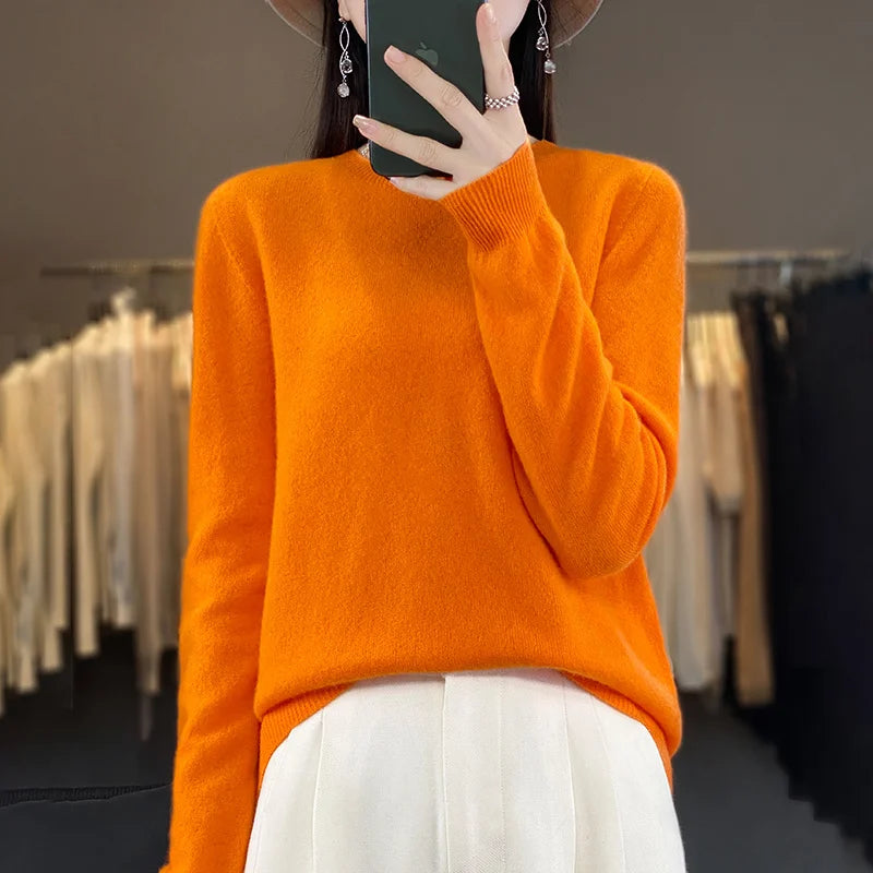 100% Pure Wool Cashmere Sweater Women's O-Neck Pullover Knitted Casual Sweater Winter New Long-Sleeved Warm High-Grade Jumper