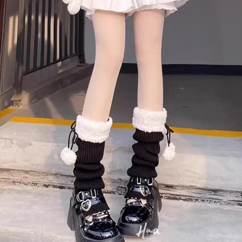 Autumn Winter Lolita Leg Warmers Socks with Ball Knitted Warm Foot Cover White Black Grey Warmer Lady Crochet Sock Boot Cuffs